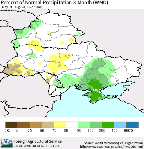 Ukraine, Moldova and Belarus Percent of Normal Precipitation 3-Month (WMO) Thematic Map For 5/21/2022 - 8/20/2022