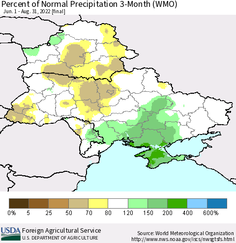 Ukraine, Moldova and Belarus Percent of Normal Precipitation 3-Month (WMO) Thematic Map For 6/1/2022 - 8/31/2022