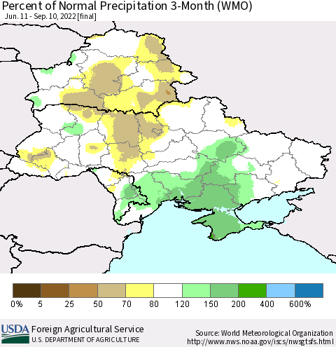 Ukraine, Moldova and Belarus Percent of Normal Precipitation 3-Month (WMO) Thematic Map For 6/11/2022 - 9/10/2022