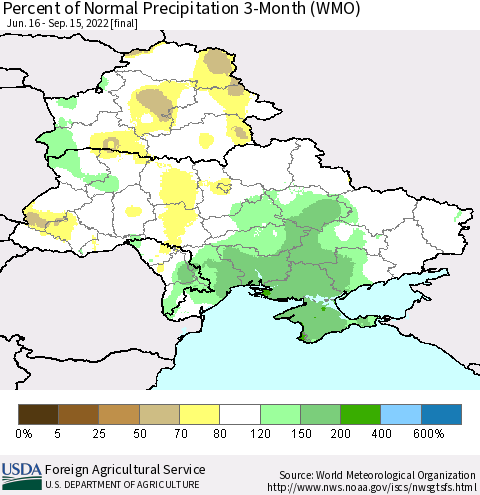 Ukraine, Moldova and Belarus Percent of Normal Precipitation 3-Month (WMO) Thematic Map For 6/16/2022 - 9/15/2022