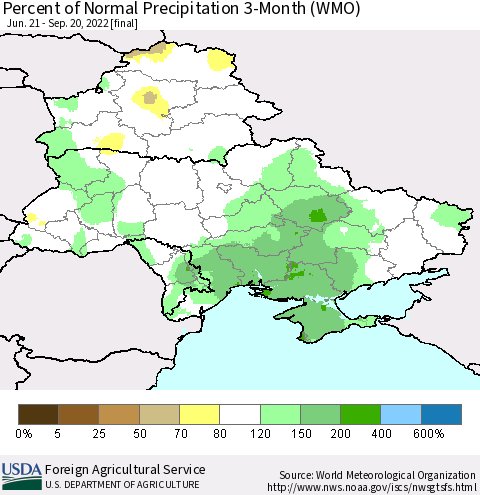 Ukraine, Moldova and Belarus Percent of Normal Precipitation 3-Month (WMO) Thematic Map For 6/21/2022 - 9/20/2022
