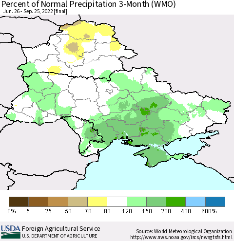 Ukraine, Moldova and Belarus Percent of Normal Precipitation 3-Month (WMO) Thematic Map For 6/26/2022 - 9/25/2022