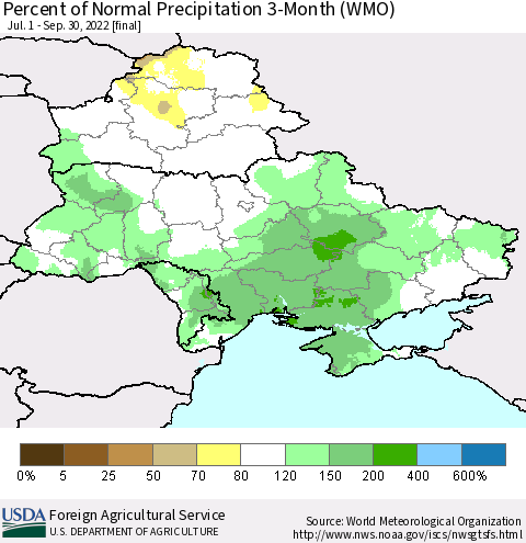 Ukraine, Moldova and Belarus Percent of Normal Precipitation 3-Month (WMO) Thematic Map For 7/1/2022 - 9/30/2022