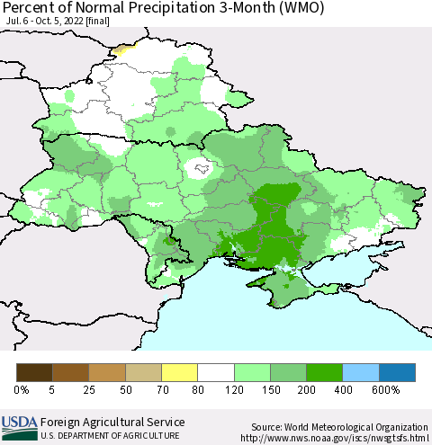 Ukraine, Moldova and Belarus Percent of Normal Precipitation 3-Month (WMO) Thematic Map For 7/6/2022 - 10/5/2022