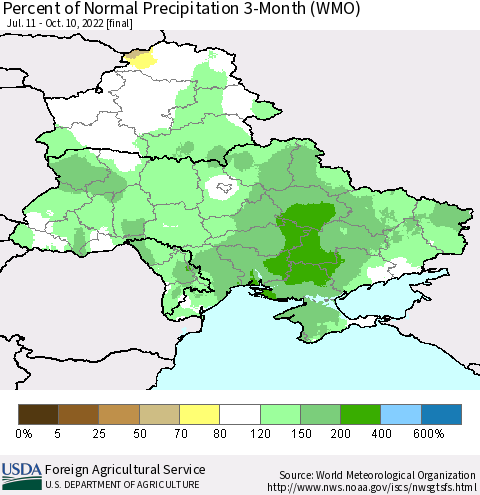 Ukraine, Moldova and Belarus Percent of Normal Precipitation 3-Month (WMO) Thematic Map For 7/11/2022 - 10/10/2022