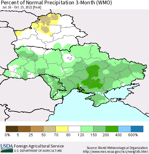 Ukraine, Moldova and Belarus Percent of Normal Precipitation 3-Month (WMO) Thematic Map For 7/16/2022 - 10/15/2022