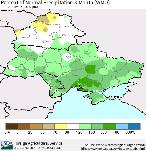 Ukraine, Moldova and Belarus Percent of Normal Precipitation 3-Month (WMO) Thematic Map For 7/21/2022 - 10/20/2022