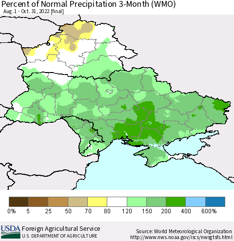 Ukraine, Moldova and Belarus Percent of Normal Precipitation 3-Month (WMO) Thematic Map For 8/1/2022 - 10/31/2022
