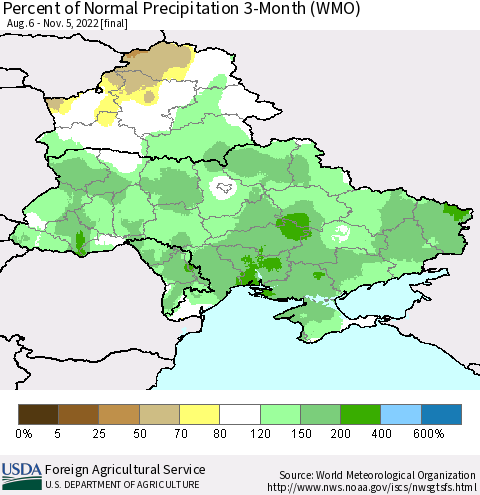 Ukraine, Moldova and Belarus Percent of Normal Precipitation 3-Month (WMO) Thematic Map For 8/6/2022 - 11/5/2022
