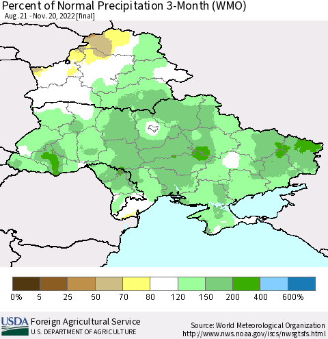 Ukraine, Moldova and Belarus Percent of Normal Precipitation 3-Month (WMO) Thematic Map For 8/21/2022 - 11/20/2022