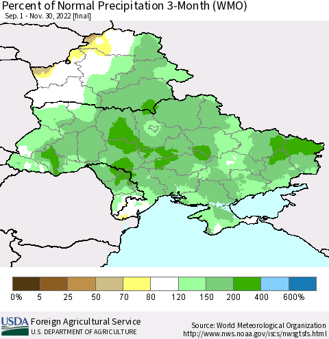 Ukraine, Moldova and Belarus Percent of Normal Precipitation 3-Month (WMO) Thematic Map For 9/1/2022 - 11/30/2022