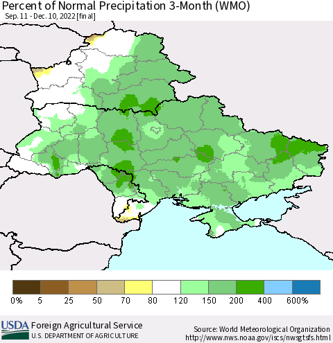 Ukraine, Moldova and Belarus Percent of Normal Precipitation 3-Month (WMO) Thematic Map For 9/11/2022 - 12/10/2022