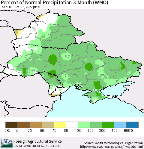 Ukraine, Moldova and Belarus Percent of Normal Precipitation 3-Month (WMO) Thematic Map For 9/16/2022 - 12/15/2022