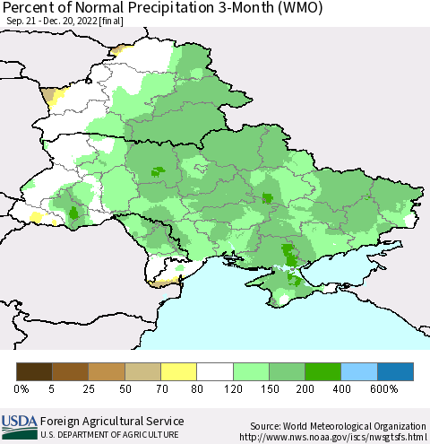 Ukraine, Moldova and Belarus Percent of Normal Precipitation 3-Month (WMO) Thematic Map For 9/21/2022 - 12/20/2022