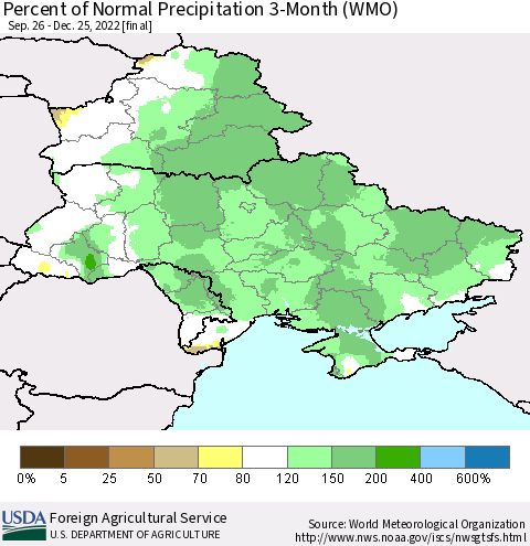 Ukraine, Moldova and Belarus Percent of Normal Precipitation 3-Month (WMO) Thematic Map For 9/26/2022 - 12/25/2022