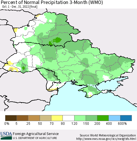 Ukraine, Moldova and Belarus Percent of Normal Precipitation 3-Month (WMO) Thematic Map For 10/1/2022 - 12/31/2022