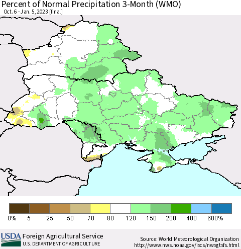 Ukraine, Moldova and Belarus Percent of Normal Precipitation 3-Month (WMO) Thematic Map For 10/6/2022 - 1/5/2023