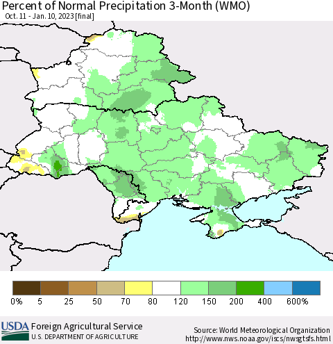Ukraine, Moldova and Belarus Percent of Normal Precipitation 3-Month (WMO) Thematic Map For 10/11/2022 - 1/10/2023