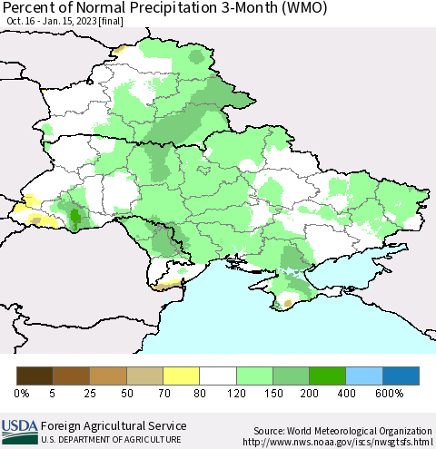 Ukraine, Moldova and Belarus Percent of Normal Precipitation 3-Month (WMO) Thematic Map For 10/16/2022 - 1/15/2023