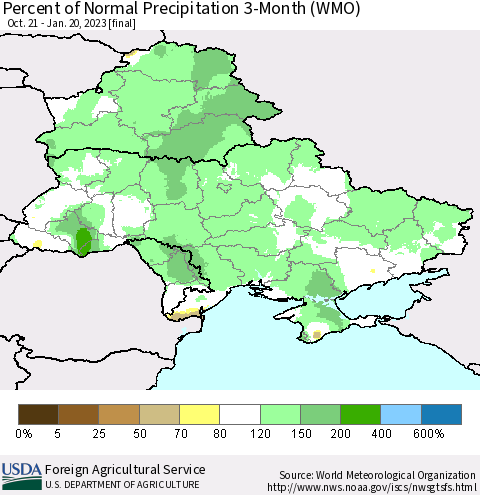 Ukraine, Moldova and Belarus Percent of Normal Precipitation 3-Month (WMO) Thematic Map For 10/21/2022 - 1/20/2023