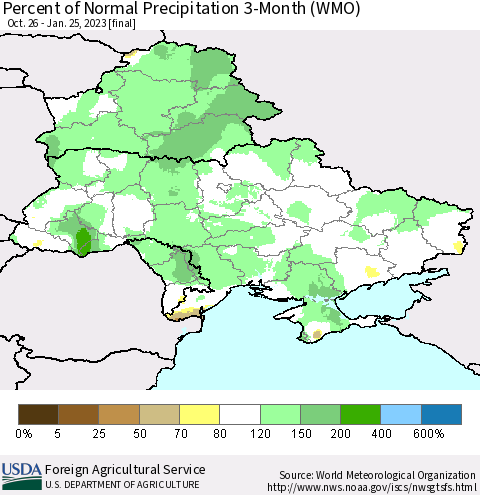 Ukraine, Moldova and Belarus Percent of Normal Precipitation 3-Month (WMO) Thematic Map For 10/26/2022 - 1/25/2023