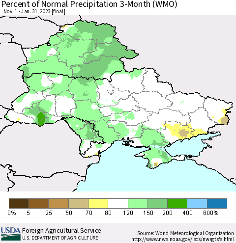 Ukraine, Moldova and Belarus Percent of Normal Precipitation 3-Month (WMO) Thematic Map For 11/1/2022 - 1/31/2023