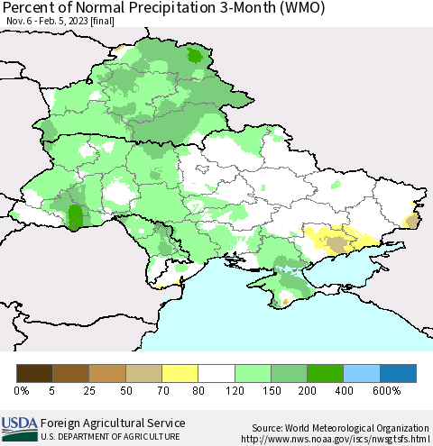 Ukraine, Moldova and Belarus Percent of Normal Precipitation 3-Month (WMO) Thematic Map For 11/6/2022 - 2/5/2023