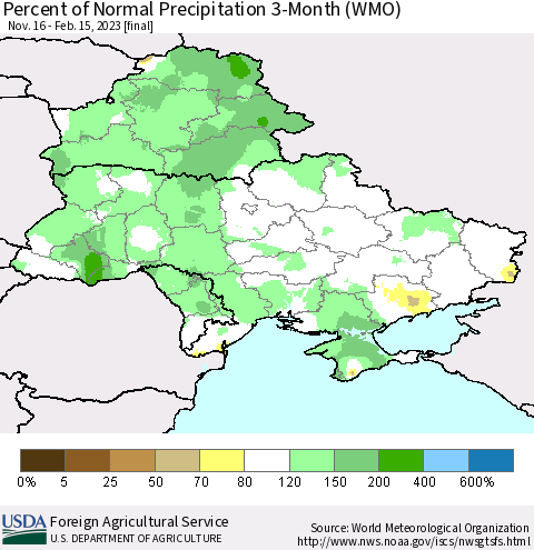 Ukraine, Moldova and Belarus Percent of Normal Precipitation 3-Month (WMO) Thematic Map For 11/16/2022 - 2/15/2023