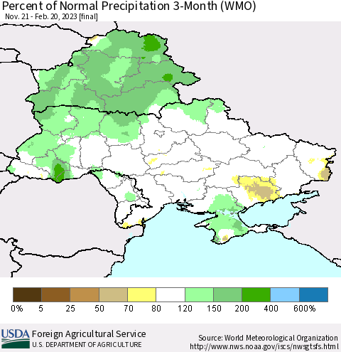 Ukraine, Moldova and Belarus Percent of Normal Precipitation 3-Month (WMO) Thematic Map For 11/21/2022 - 2/20/2023