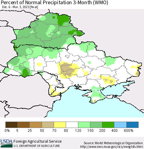 Ukraine, Moldova and Belarus Percent of Normal Precipitation 3-Month (WMO) Thematic Map For 12/6/2022 - 3/5/2023