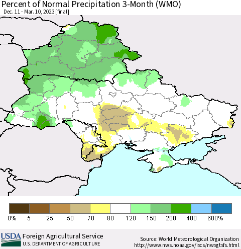 Ukraine, Moldova and Belarus Percent of Normal Precipitation 3-Month (WMO) Thematic Map For 12/11/2022 - 3/10/2023