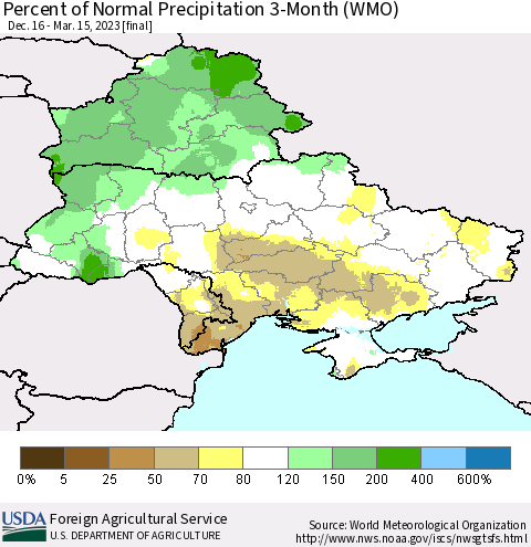 Ukraine, Moldova and Belarus Percent of Normal Precipitation 3-Month (WMO) Thematic Map For 12/16/2022 - 3/15/2023
