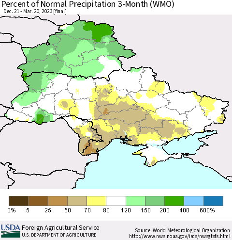 Ukraine, Moldova and Belarus Percent of Normal Precipitation 3-Month (WMO) Thematic Map For 12/21/2022 - 3/20/2023