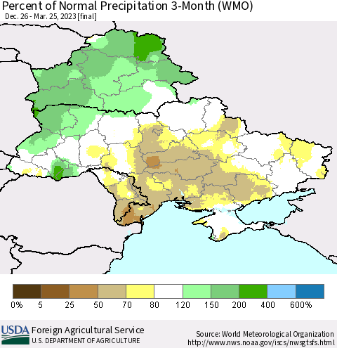 Ukraine, Moldova and Belarus Percent of Normal Precipitation 3-Month (WMO) Thematic Map For 12/26/2022 - 3/25/2023