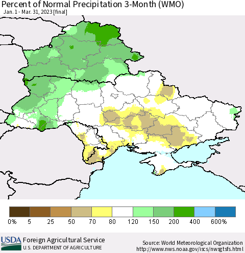 Ukraine, Moldova and Belarus Percent of Normal Precipitation 3-Month (WMO) Thematic Map For 1/1/2023 - 3/31/2023