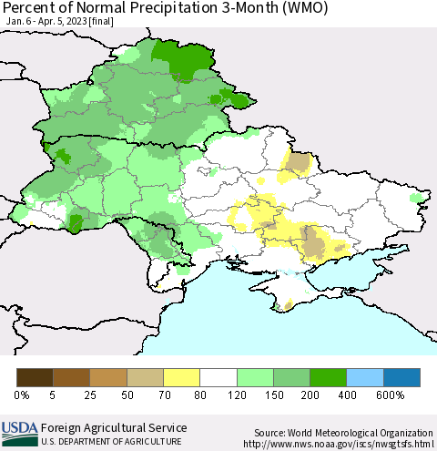 Ukraine, Moldova and Belarus Percent of Normal Precipitation 3-Month (WMO) Thematic Map For 1/6/2023 - 4/5/2023