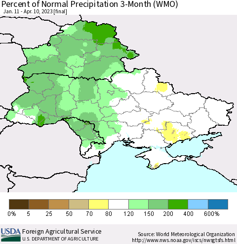 Ukraine, Moldova and Belarus Percent of Normal Precipitation 3-Month (WMO) Thematic Map For 1/11/2023 - 4/10/2023