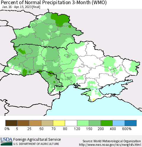 Ukraine, Moldova and Belarus Percent of Normal Precipitation 3-Month (WMO) Thematic Map For 1/16/2023 - 4/15/2023