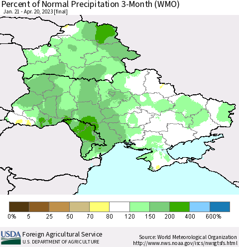 Ukraine, Moldova and Belarus Percent of Normal Precipitation 3-Month (WMO) Thematic Map For 1/21/2023 - 4/20/2023
