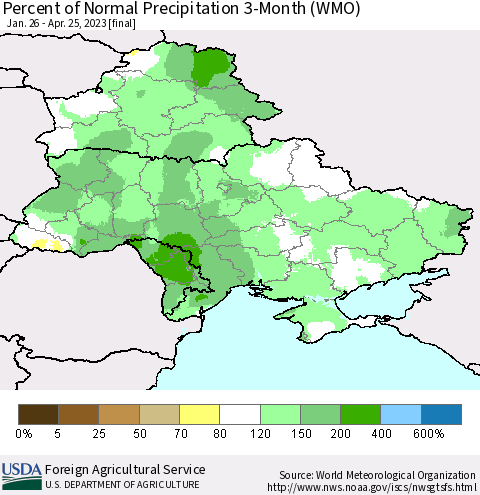 Ukraine, Moldova and Belarus Percent of Normal Precipitation 3-Month (WMO) Thematic Map For 1/26/2023 - 4/25/2023