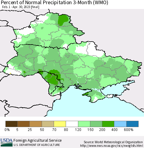Ukraine, Moldova and Belarus Percent of Normal Precipitation 3-Month (WMO) Thematic Map For 2/1/2023 - 4/30/2023