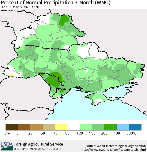 Ukraine, Moldova and Belarus Percent of Normal Precipitation 3-Month (WMO) Thematic Map For 2/6/2023 - 5/5/2023