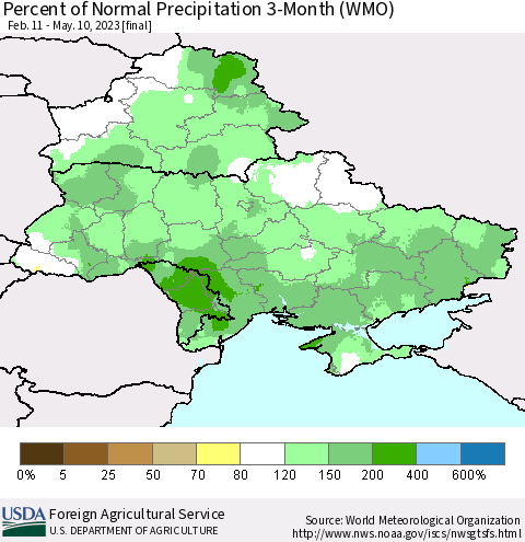 Ukraine, Moldova and Belarus Percent of Normal Precipitation 3-Month (WMO) Thematic Map For 2/11/2023 - 5/10/2023