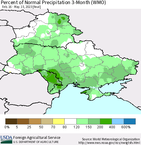 Ukraine, Moldova and Belarus Percent of Normal Precipitation 3-Month (WMO) Thematic Map For 2/16/2023 - 5/15/2023