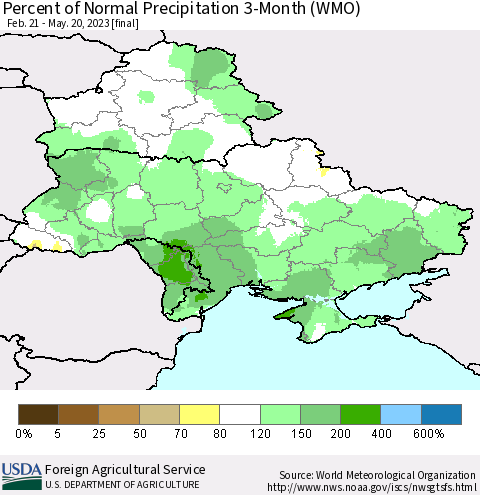 Ukraine, Moldova and Belarus Percent of Normal Precipitation 3-Month (WMO) Thematic Map For 2/21/2023 - 5/20/2023