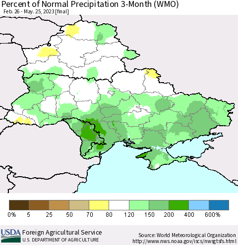 Ukraine, Moldova and Belarus Percent of Normal Precipitation 3-Month (WMO) Thematic Map For 2/26/2023 - 5/25/2023