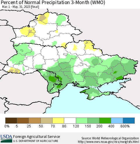 Ukraine, Moldova and Belarus Percent of Normal Precipitation 3-Month (WMO) Thematic Map For 3/1/2023 - 5/31/2023