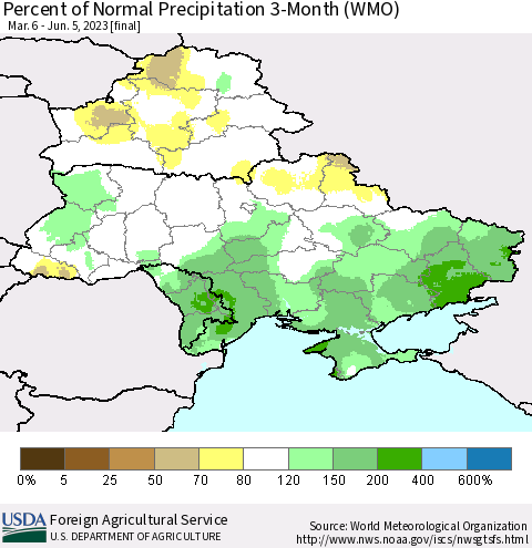 Ukraine, Moldova and Belarus Percent of Normal Precipitation 3-Month (WMO) Thematic Map For 3/6/2023 - 6/5/2023