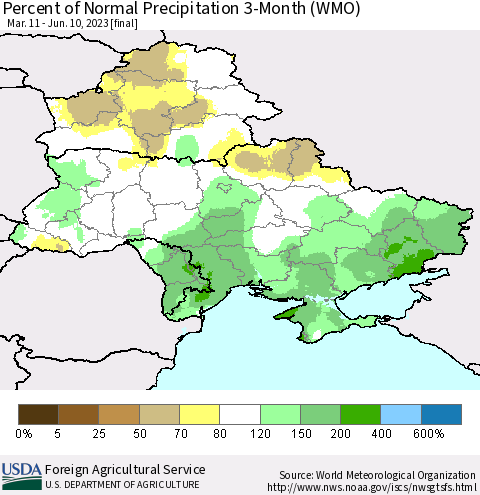 Ukraine, Moldova and Belarus Percent of Normal Precipitation 3-Month (WMO) Thematic Map For 3/11/2023 - 6/10/2023