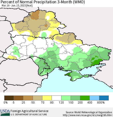 Ukraine, Moldova and Belarus Percent of Normal Precipitation 3-Month (WMO) Thematic Map For 3/16/2023 - 6/15/2023